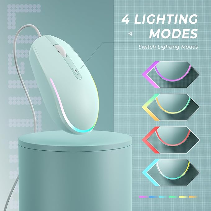 seenda Wired Mouse - USB Computer Mice Wired with RGB Backlit Optical LED Mouse with Attached USB Cord for Laptops Notebooks Chromebook - Mint Green