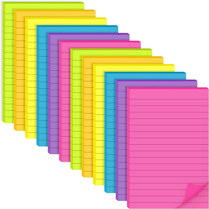Lined Sticky Notes 4x6 in, Strong Adhesive Self Stick Note Pads | Sticky Notes with Lines, 6 Colorful Options, Perfect for Office, Classroom, Task Reminders, Smooth Writing(12 Pack)