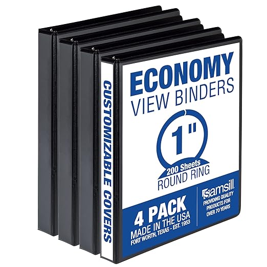 Samsill 1 Inch 3 Ring Binders, Economy Round Ring, Clear View Cover, 200 Sheet Capacity - for School, Home, Office - Black, 4 Pack