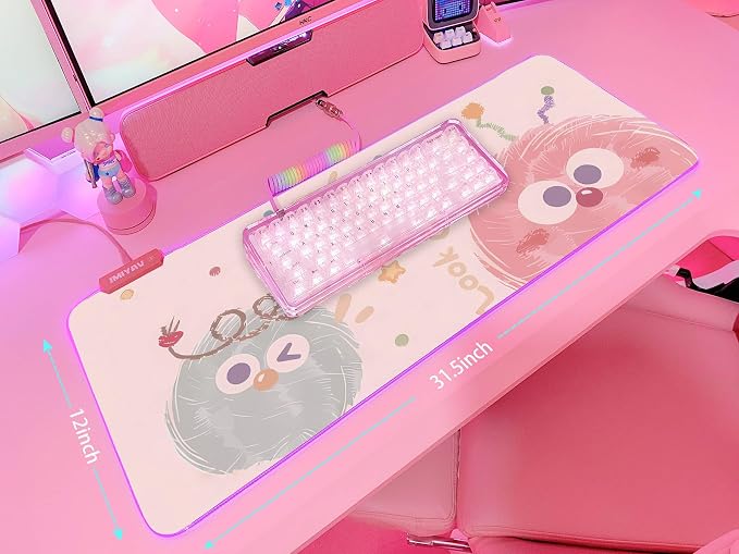 JMIYAV Pink RGB Gaming Mouse Pad 31.5x12 Inch Cute Mousepad PC XL Large Extended Glowing Led Light Up Desk Pad Non-Slip Rubber Base Computer Mat Desk Accessories Gaming Setup Happy Fuzzies