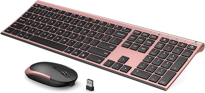 Vssoplor Wireless Keyboard and Mouse, Rechargeable Ultra Slim, Rose Gold | Quiet Full-Size Keyboard and Mouse Combo Set, for Laptop, PC, Notebook, Desktop, 2.4GHz Stable Connection, Ideal for Office