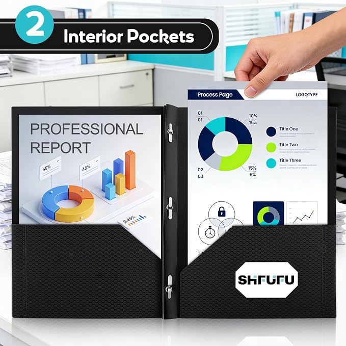 Textured Folders with Pockets and Prongs (3 Pack,Black),Fit Letter Size Paper,Business Card Slot,2-Pocket Folder for School Office or Home,Durable Acid-Free Poly,Back to School Supplies