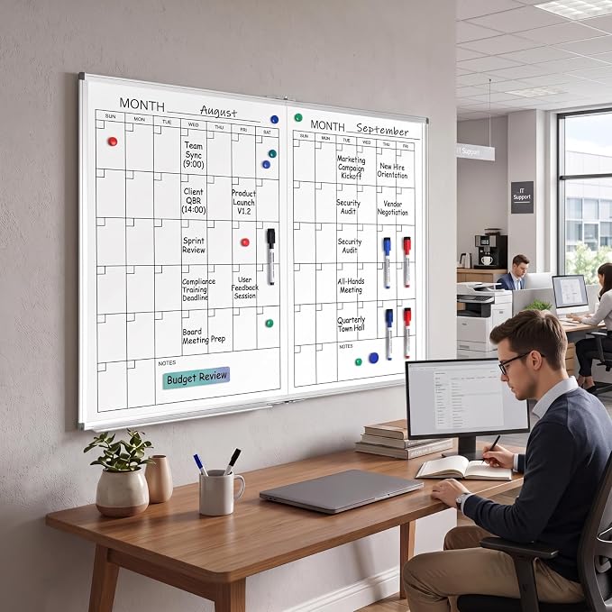 Large 48" x 36" Magnetic 2 Month Dry Erase Calendar White Board Foldable Whiteboard Calendar for Wall Mounted 2 in 1 Double Side Whiteboard with Dry Erase Board for Wall Office Home