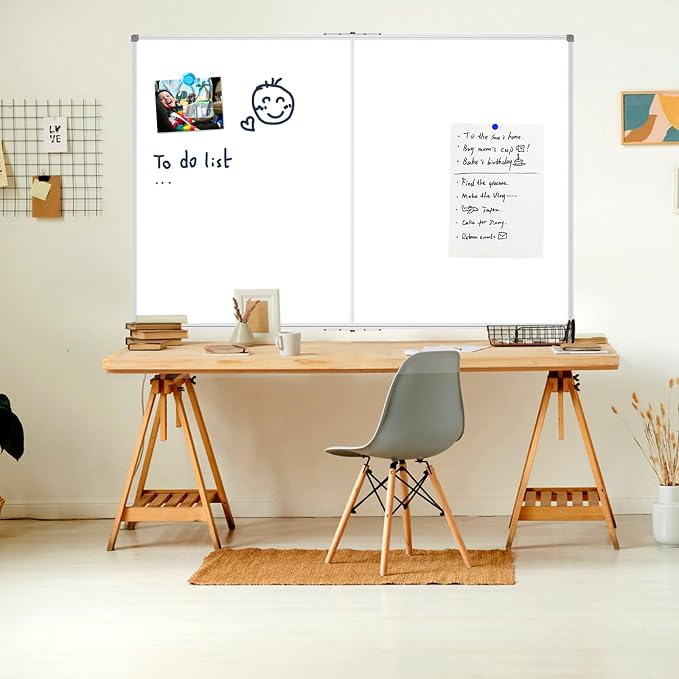 Large Foldable White Board 60 x 48 Inches, Dry Erase Magnetic White Board, Silver Aluminum Frame with 2 Detachable Marker Tray Wall Mounted Board for Office Home and School