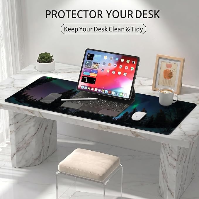 Auhoahsil Northern Lights Aurora Desk Mat, Ultra Large Full Desk Gaming Mouse Pad, Dark Night Forest Landscape Extended Keyboard Pad, Nature Aesthetic Desk Pad for Home Office Gaming, 35.4"x 15.7"
