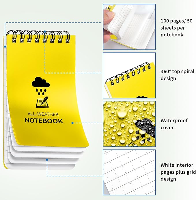 3 Pack Waterproof Notebook, 3 x 5 Pocket Notepad, All Weather Small Pocket Notebook Paper, Mini Spiral Notepad Police Notepad 100 Lined Pages for Outdoor Office