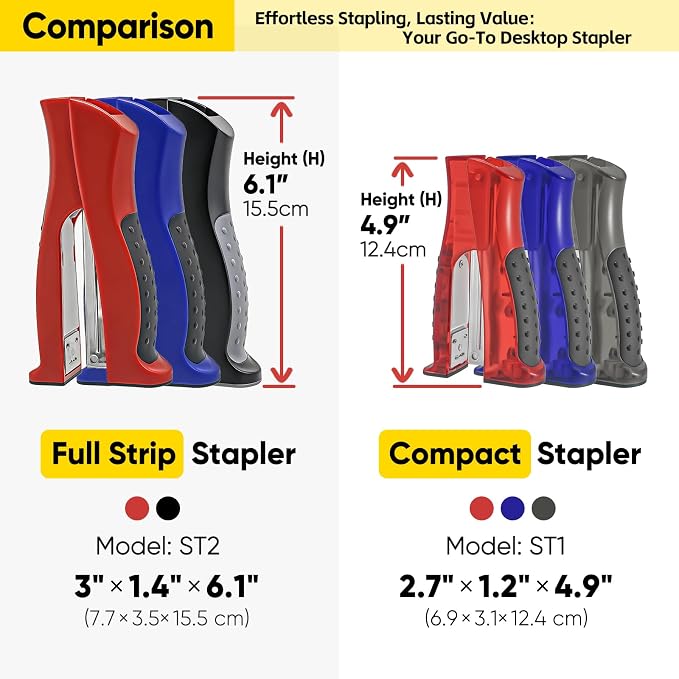 Stand-Up Stapler with 1000 Standard 1/4" Staples, Handheld Ergonomic Soft Grip 2-in-1 Vertical & Flat-Use Desktop Full Strip Stapler for Office, Home, School, Business, Classroom Supplies – Red
