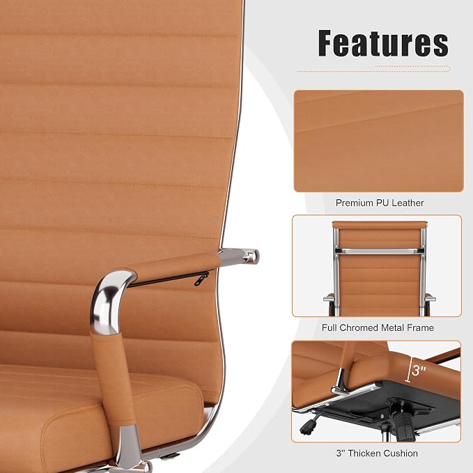 Okeysen Office Desk Chair, Ergonomic Leather Modern Conference Room Chairs, Executive Ribbed Height Adjustable Swivel Rolling Chair for Home Office Set of 2. (Brown)