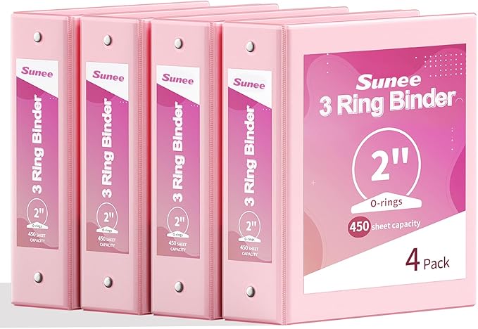 SUNEE 3 Ring Binders 2 Inch 4 Pack, Clear View Binder Three Ring PVC-Free (Fit 8.5x11 Inches) for School or Office Supplies, Pink