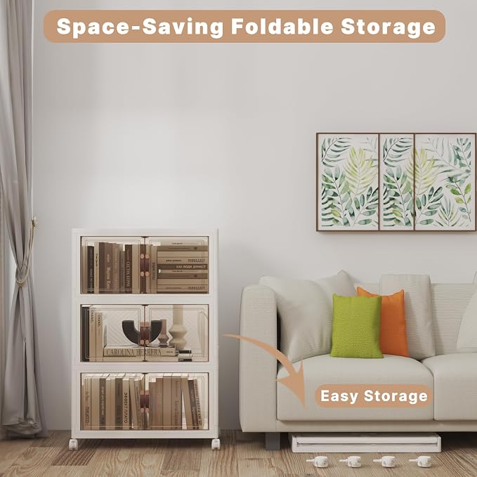156QT Stackable Storage Bins with Lids,Doors & Wheels | Closet Organizers and Storage Cabinet, Lockable Plastic Foldable Drawers for Bedroom Dorm Office Garage（52QT*3,White）