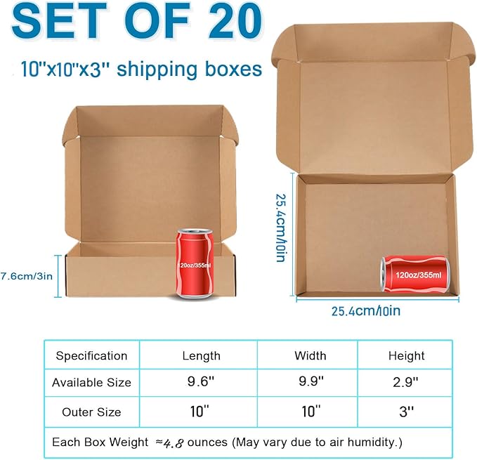 Small Shipping Boxes 10x10x3 Inches - Kraft Brown Corrugated Cardboard Boxes (20-Pack) for Mailing, Packing, Small Business & Gift Packaging - Recyclable & Sturdy