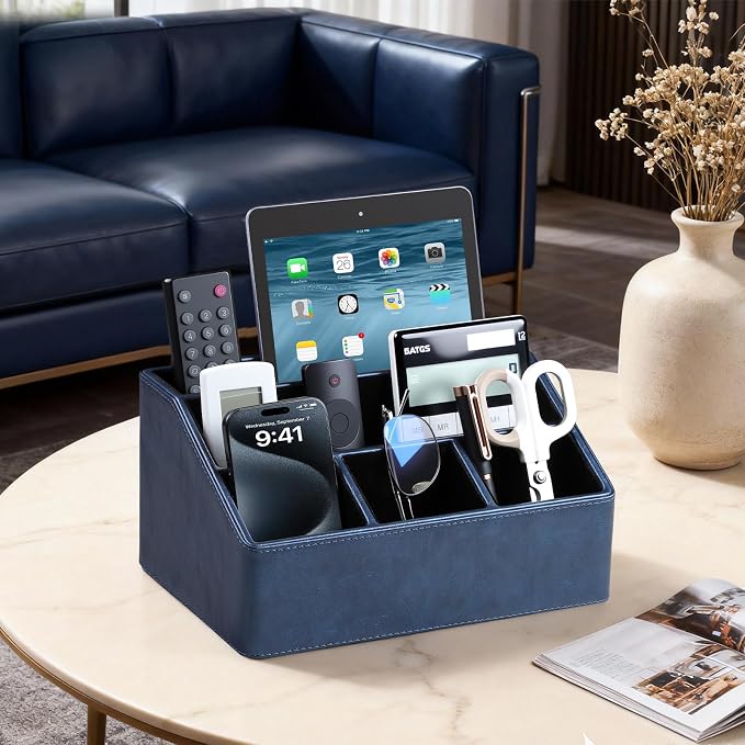 PU Leather Desk Organizer, Remote Control Holder, Dark Blue | Luxury Nightstand Organizer for Home, Office Desk Accessories, Bedside Table Caddy with 5 Compartments, Velvet Lining