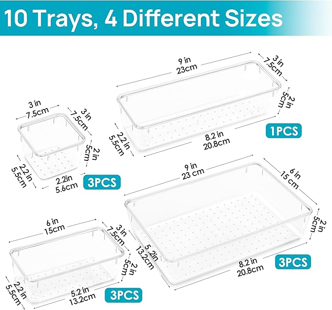 Vtopmart 10 Pack Clear Drawer Organizer Bins, 4 Sizes Makeup Storage Trays | Makeup & Vanity Storage Organizers for Drawers, Bathroom, Office and Daily Essentials, Clear Acrylic Bins Keep Items Sorted
