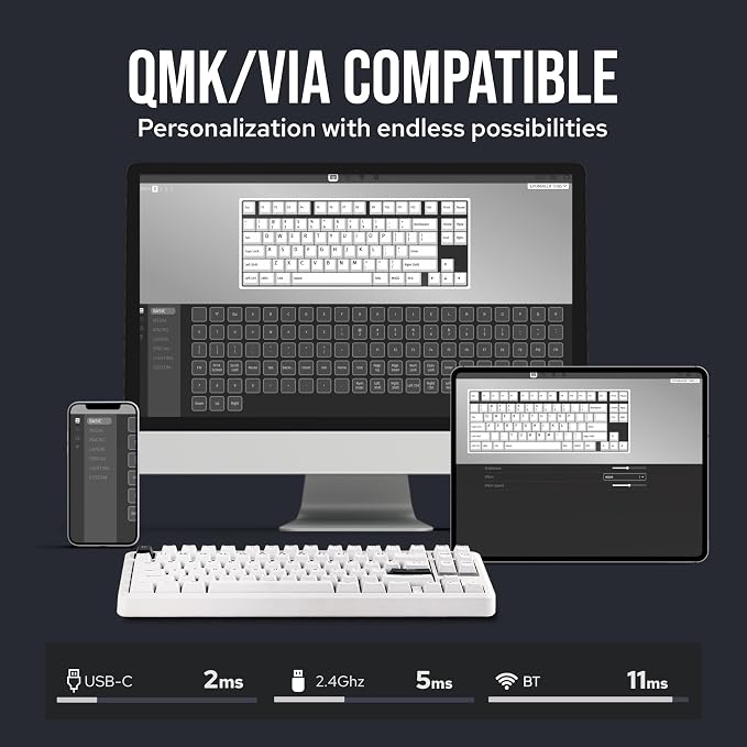 EPOMAKER TH85 QMK/VIA Wireless Gaming Keyboard, BT5.0/2.4GHz/USB-C | Hot-Swap Pre-lubed Custom Milk Blue Tactile Switches, Gasket Creamy Keyboard for PC/Mac/Office/Gaming (White)