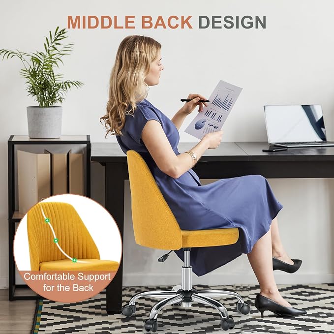 DUMOS Comfy Office Desk Chair, Armless Computer Vanity Chair | Height Adjustable, 360° Rolling Swivel Task with Wheels, Wide Seat, Cute, Home Bedroom, Student, Adults, Dark Yellow