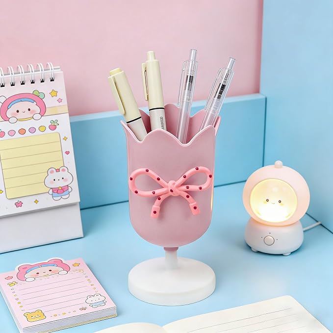 Tulip Pen Holder for Desk Cute Plastic Pencil Organizer Makeup Brush Cup Holders with Adhesive Bow, Teachers Gifts Back To School Office Accessories (Pink)