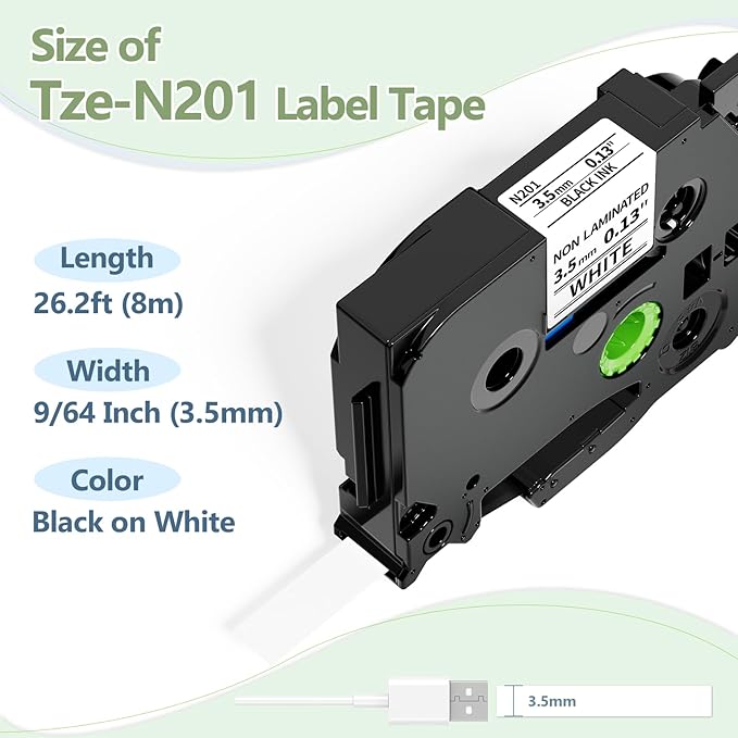 3.5mm Label Tape Replacement for Brother TZe-N201 TZeN201 Black on White TZe TZ Tape 3.5mm 0.13 Inch P Touch Label Maker Tape Compatible with Brother P Touch PT-D210 PT-D220 PT-H110 PT-D200, 4-Pack