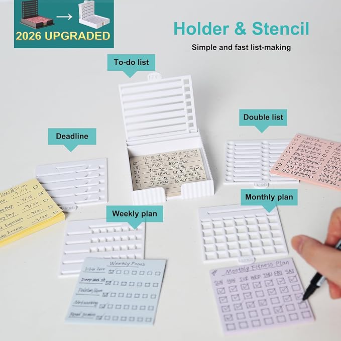 Sticky Note Stencil and Holder Compatible with 3x3 Post-It Notes | Upgraded 5-in-1|Sticky Note Holder with 5 Templates|Office Desk Decor|To-Do List, Checklist, Plan, Schedule