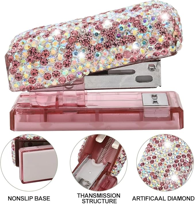 Bling Rhinestone Stapler, Sparkly Diamond Staplers, Cute Desk Stapler for Women & Girls, Bling Crystal Machine Pretty Office Stationery Kit (Pink with AB Color Plated, Small)