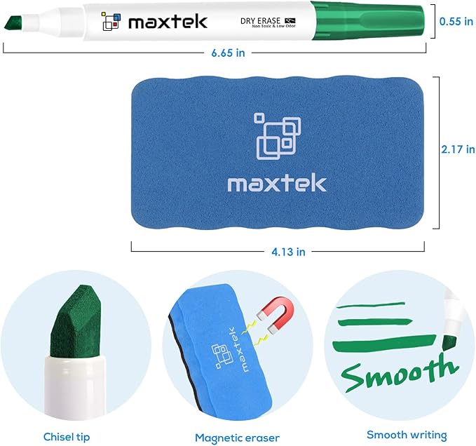 maxtek Green Dry Erase Markers 4 Count with 1 Magnetic Eraser, Low Odor Chisel Tip for Office, School, Classroom
