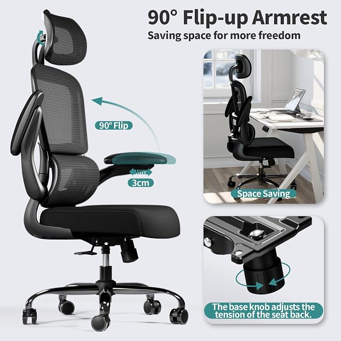 TRALT Office Chair Ergonomic Desk Chair - Gaming Chair with Lumbar Support | 330 LBS Home Office Desk Chairs with Headrest, Reading Chair with Flip-up Armrests, Comfortable Computer Chairs (10, Black)