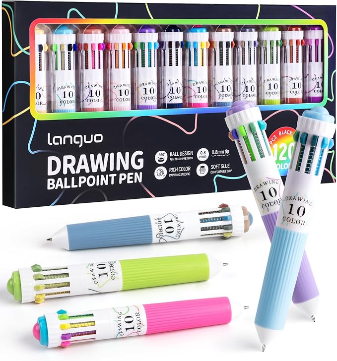 12 Pack Multicolor Pens, 10-in-1 Colored Ballpoint Pen, 116 Colors | 0.8mm Fine Point Smooth Writing, Retractable Ballpoint Pens for Office School Students Teens