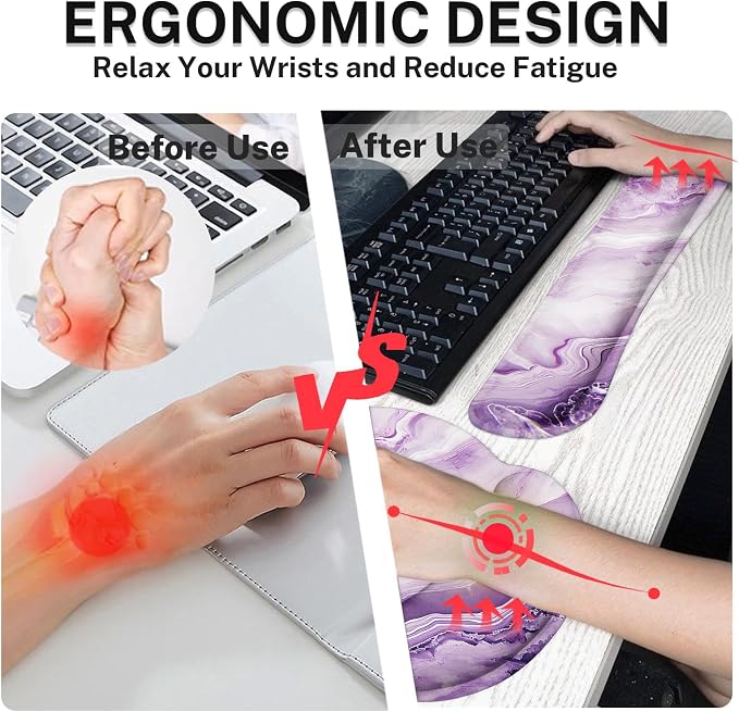 Keyboard Mouse Pad Set, 4 in 1 Desk Mat Set, Purple Pink Marble | Large Mousepad+Keyboard Wrist Rest+Mouse Wrist Rest+Coaster Ergonomic Design for Home Office Computer