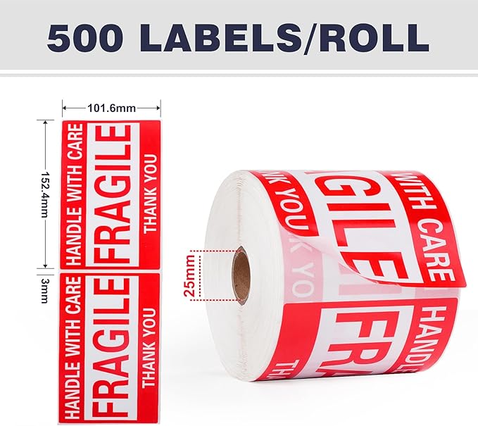 4 x 6 Inch Fragile Stickers Handle with Care 500 Permanent Adhesive Fragile Stickers for Shipping Moving Glass Fragile Labels (1 Roll, 500 Labels)