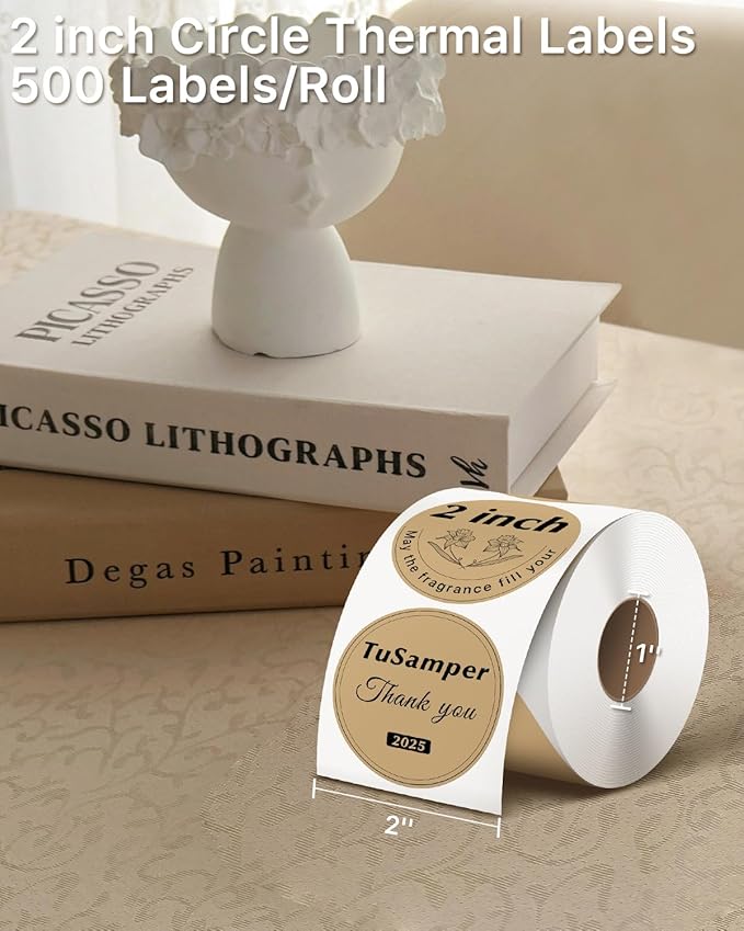 2 Inch Round Thermal Labels Stickers, Self-Adhesive Circle Direct Thermal Label, Multi-Purpose Roll Sticker for DIY Logo Design, QR Code, Name Tag, Roll of 500 Labels, Brown