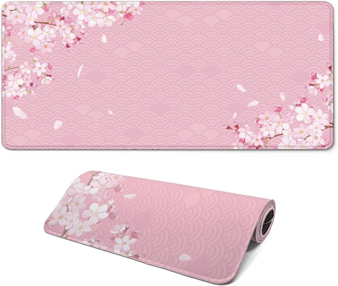 Gaming Mouse Pad with Anti-Slip Rubber Base, Extended Large Computer Mouse Mat with Stitched Edges, Long XL Anime Mousepad for Laptop and Keyboard, 31.5 x 11.8 inch (Pink Cherry Blossom)