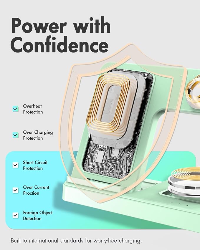 GETPALS Wireless Charger iPhone Charging Station for Apple Multiple Devices | 3 in 1 Charger Stand for iPhone 17 Pro Max 17e 16 16e 15 14 13 12 & Watch Series 11-2 SE Ultra & Airpods 4 3 Pro, Light Green