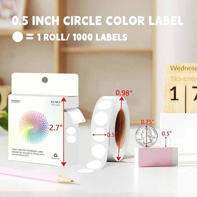 1000 PCS Colored Dot Stickers 1/2" Round Circle Colored Coding Labels Dot Stickers for Toddlers,Classroom,Office (White)