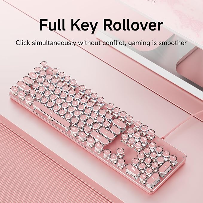 Wired Typewriter Style Mechanical Keyboard with White Backlit, Cute-Pink | Retro Punk Round Keycaps, Metal Panel, Clicky Blue Switch, 104 Keys Full Size Desk Setup for Windows PC, Mac, Desktop, Laptop