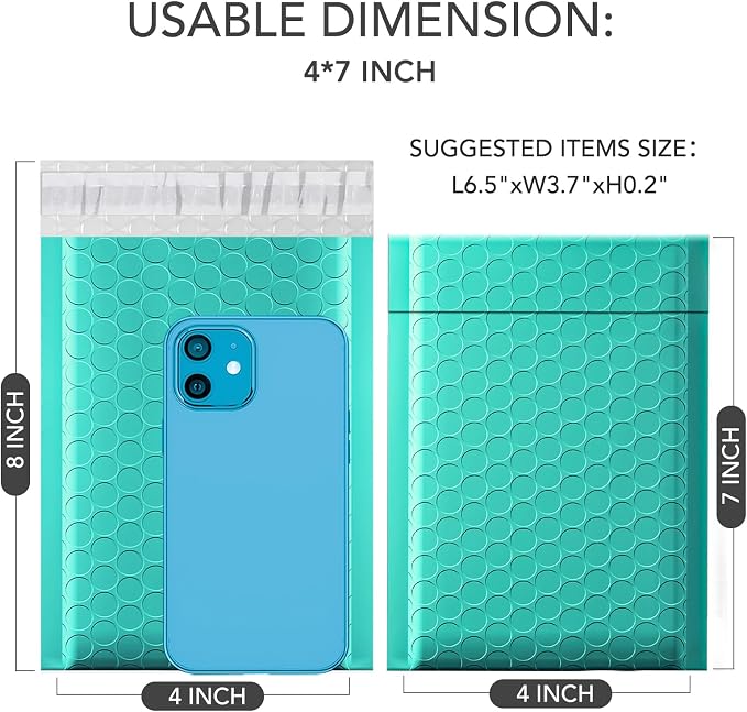 GSSUSA Teal Bubble Mailers 4x8 Padded Envelopes 19200 Pack, 1Pallet | Usable Size 4x7, Waterproof Opaque Small Shipping Bags, Strong Adhesion, Self-Seal, Mailing Supplies, Business, #000