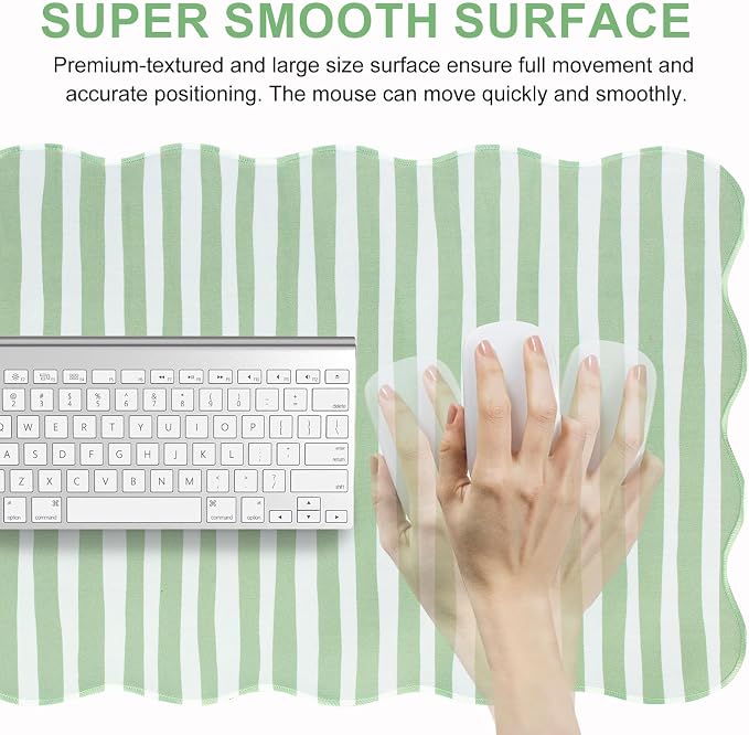L-SPOUTTO Green Striped Mouse Pad,Scalloped Desk Mat XXL Large Geometric Gaming Mousepad,35.4x15.7in Non-Slip Rubber Base Keyboard Pad Waterproof Desktop Mat for Laptop Computer Game Home Office