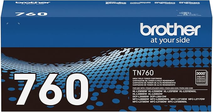 Brother Genuine TN760 High Yield Black Toner Cartridge, (for use with MFC-L2710DW MFC-L2750DW HL-L2350DW HL-L2370DW HL-L2395DW HL-L2390DW DCP-L2550DW Printers) (Pack of 1)