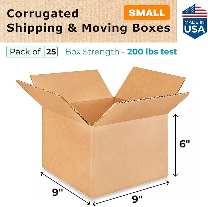 Small Moving & Shipping Boxes 9"L x 9"W x 6"H (25-Pack) - Extra Strength 200 lb vs Regular - USA-Made Corrugated Boxes for Packaging - Moving Box for USPS, FEDEX - Shipping Box by IDL Packaging