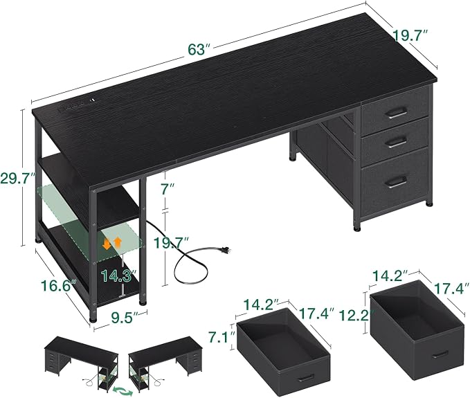 AODK 63 Inch Computer Desk with Drawers & USB Power Outlets | Reversible Home Office Desk with Storage Shelves, Work from Home, Modern Work/Writing/Study Table for Bedroom, Black