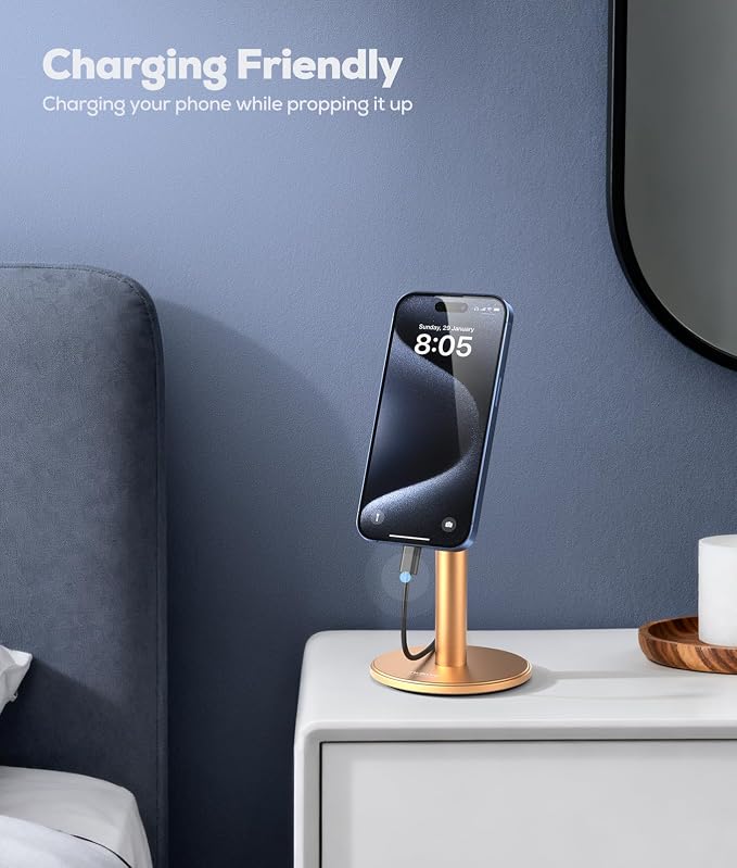 Nulaxy Magnetic Full Aluminum Cell Phone Stand with 360 Rotating, Gold | Stable Base, Includes Metal Ring, Works with Thick Cases, Hands-Free, Office Accessories, Compatible with All Phones