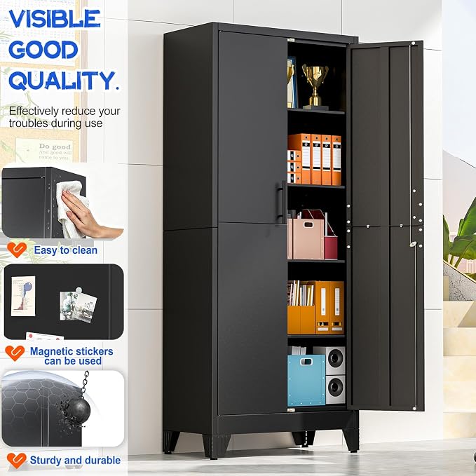 GAIOUS 71" Tall Metal Pantry Storage Cabinet with Lock, File Cabinet Black | 2 Doors Freestanding Steel Bookcase with Adjustable Shelves, Heavy Duty Lockable Office Cabinet, Garage Utility Organizer