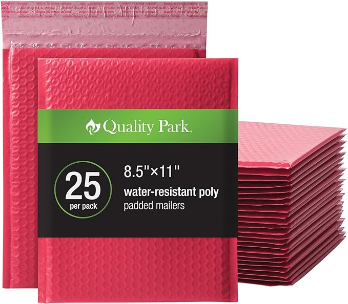 Quality Park Bubble Mailers, 8.25 x 11 Shipping Envelopes, Water Resistant Red Poly Padded Envelopes, Redi-Strip Peel Off Closure, 25/Box (QUA85869)