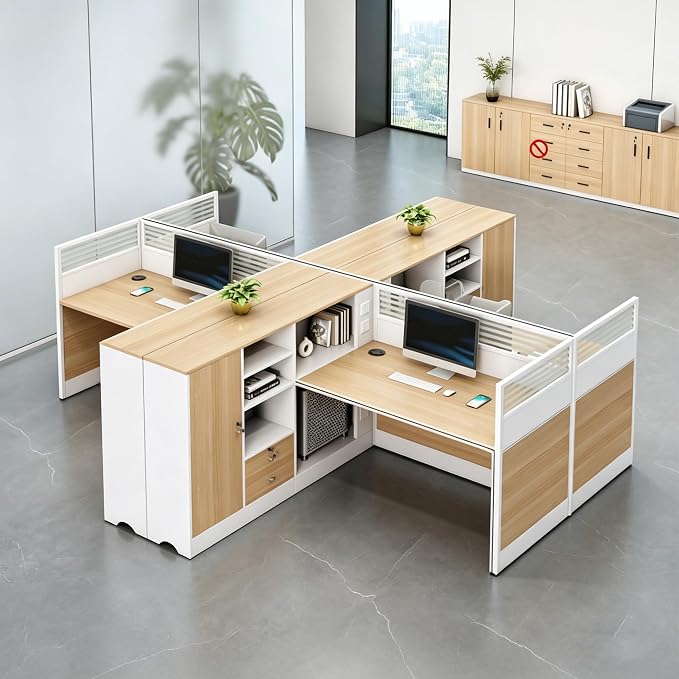 Modern Office Workstation Desk with Side Storage Cabinet, Tempered Glass Privacy Panels, USB Charging Hub & Cable Management, Modular Cubicle Desk for Office Work (D - Left, 4P)