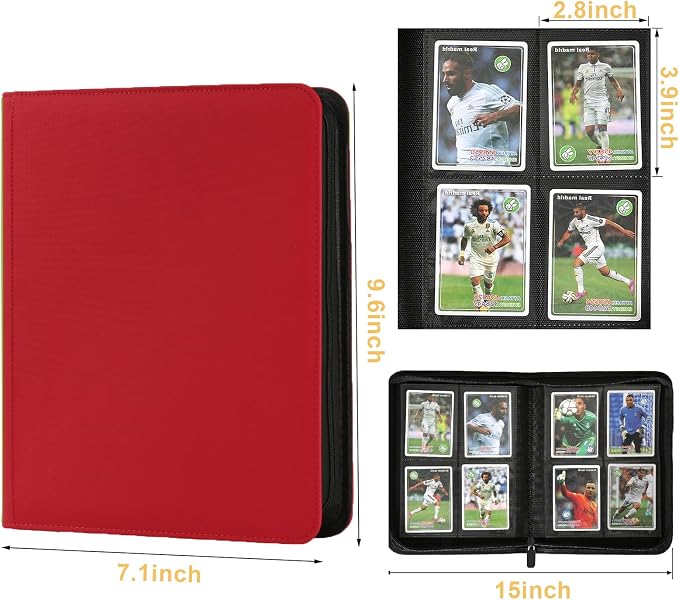 4 Pocket Ringless Side Loading Trading Card Binder, 160 Cards PU Fixed Page Zipper Card Album for TCG Sports Game Cards, Not Fit Top Loaders (Red)