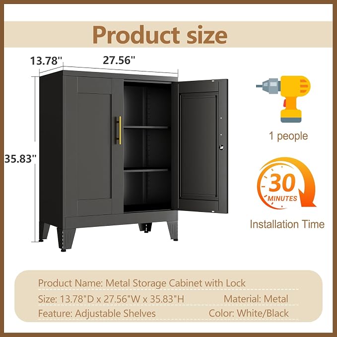 GAIOUS Black Metal File Cabinet with Lock(Two Units), Steel Storage Cabient | with 2 Doors and 2 Adjustable Shelves, Multifunctional Locked Cabinet for Home/Office/Garage/Tool Room, Accent Furniture