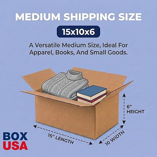 BOX USA 15 x 10 x 6 Corrugated Cardboard Boxes, Medium 15"L x 10"W x 6"H, Pack of 25 | Shipping, Packaging, Moving, Storage Box for Home or Business, Strong Wholesale Bulk Boxes
