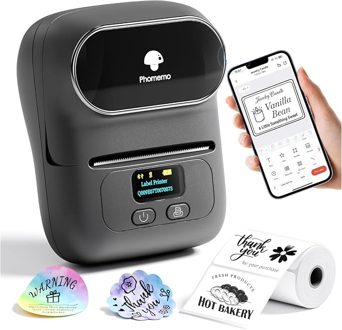 Phomemo Label Printer M110- Upgraded Barcode Label Maker Machine- Gray | Sticker Printer for Small Business, Address, Office, Home for Phone; for PC/Mac(USB), with 100 Labels