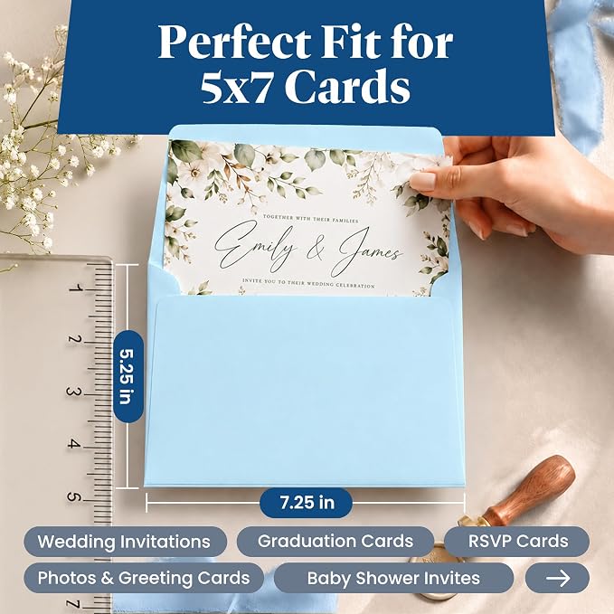 110 5x7 Light Blue Invitation Envelopes - for 5x7 Cards - A7 - (5 ¼ x 7 ¼ inches) - Perfect for Weddings, Graduation, Baby Shower - 120 GSM - Peel, Press & Self Seal - Square Flap
