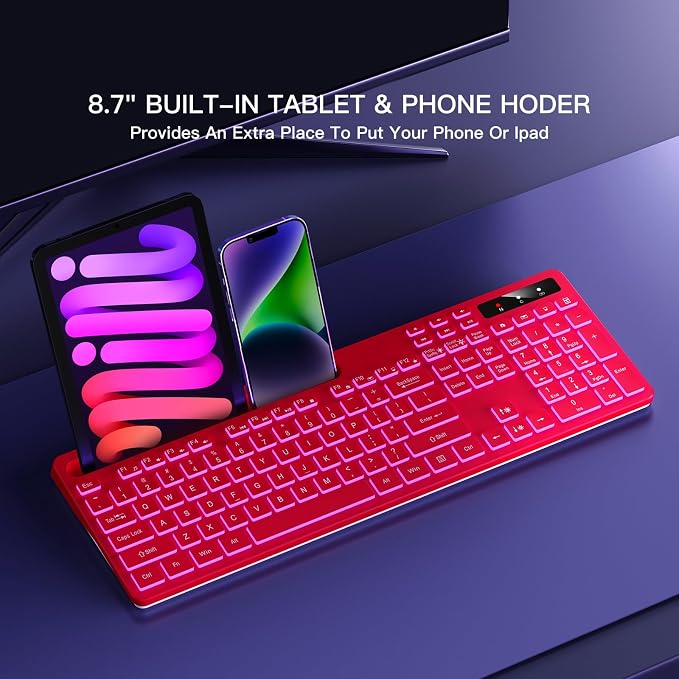 Soueto Wireless Keyboard with 7-Color RGB Backlit, Full-Size Computer Keyboard with Phone Tablet Holder, 2.4G Rechargeable Gaming Keyboard with Light Up Keys, Compatible with Mac, Windows (Red)