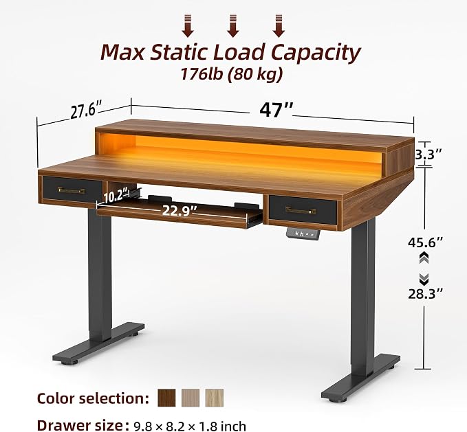TIQLAB Standing Desk with Two Drawers, Stand Up Standing Desk Adjustable Height, Electric Sit Stand Table with Storage Shelf and Splice Board, with LED Light, 47 * 28 inch, Black Walnut