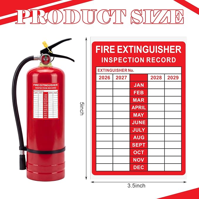 Fire Extinguisher Inspection Record Tags - 3.5" x 5" 2026-2029 Monthly Grid Fire Adhesive Safety Stickers Labels for School Office, and Home, Industrial